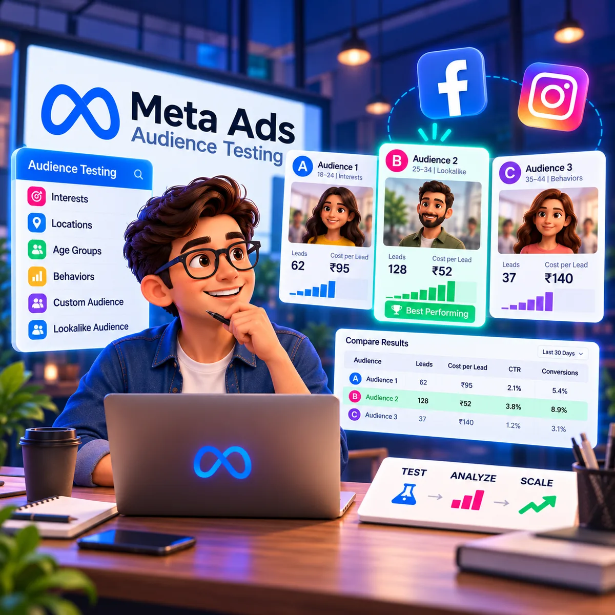 Illustration of a marketer comparing three Meta Ads audience groups side by side, with a results table and a test, analyse and scale workflow