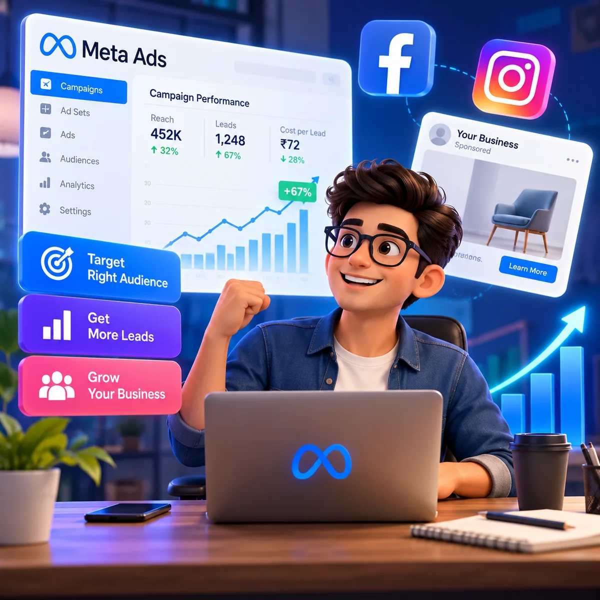 Illustration of a smiling marketer at a laptop beside a Meta Ads campaign dashboard with Facebook and Instagram icons