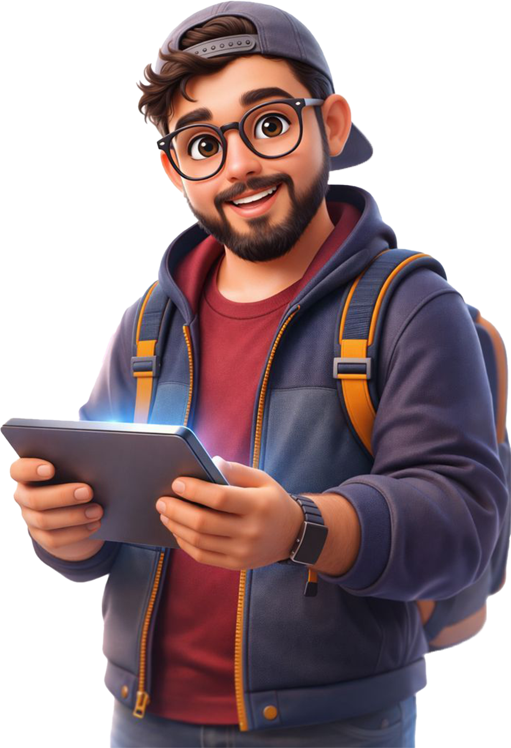 3D illustration of a digital creator with glasses and a cap holding a tablet